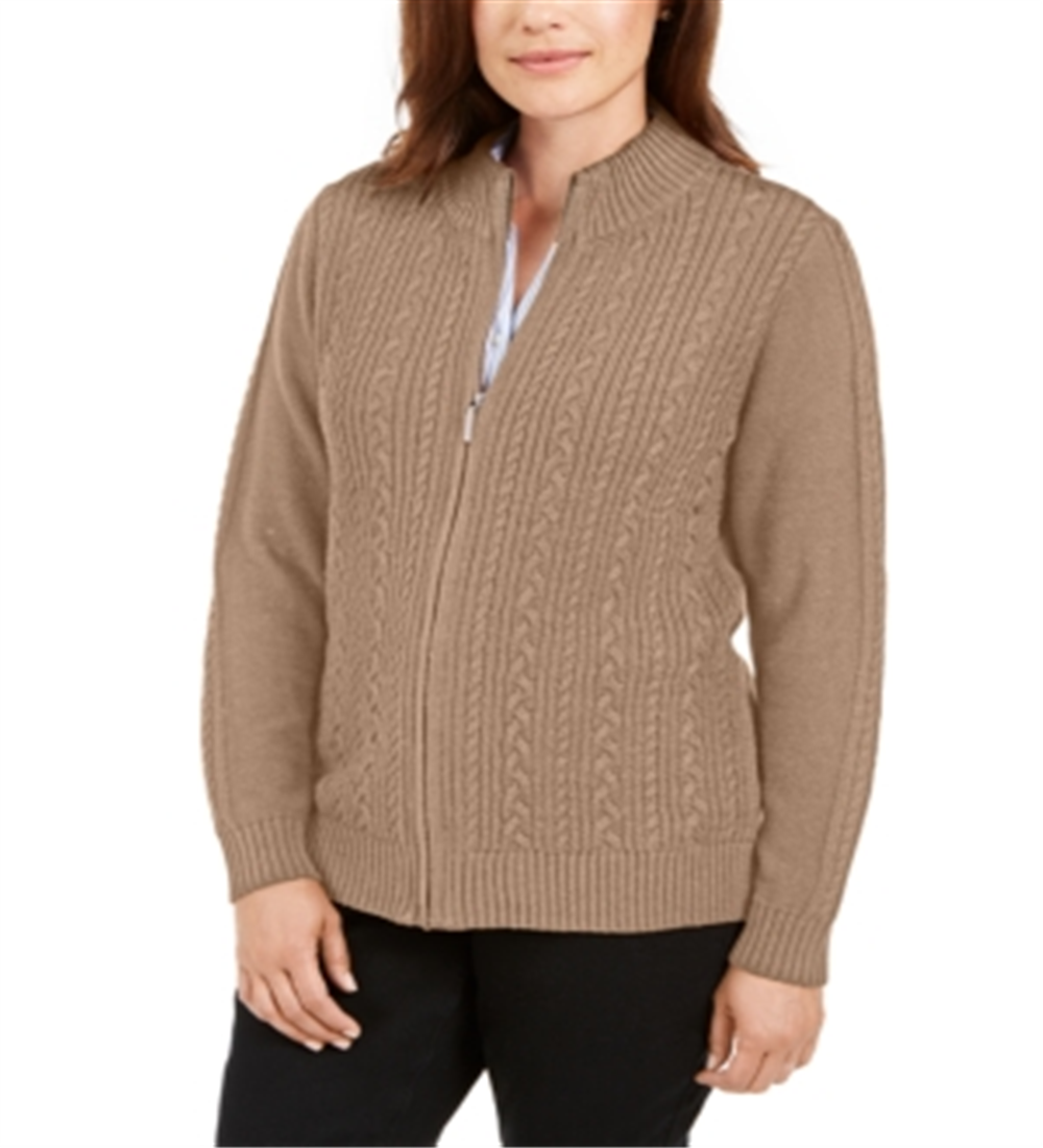 Karen Scott Women's Cable Knit Zippered Cardigan Brown  Size M