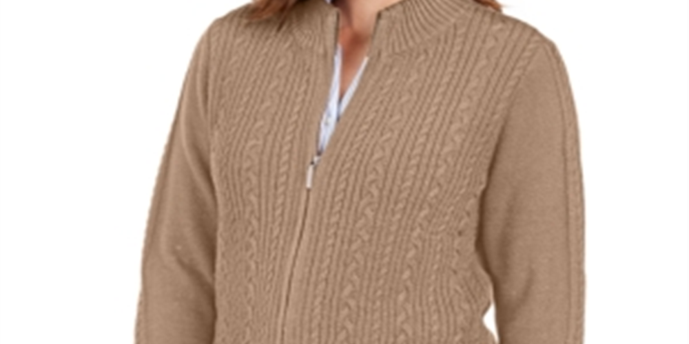 Karen Scott Women's Cable Knit Zippered Cardigan Brown  Size M