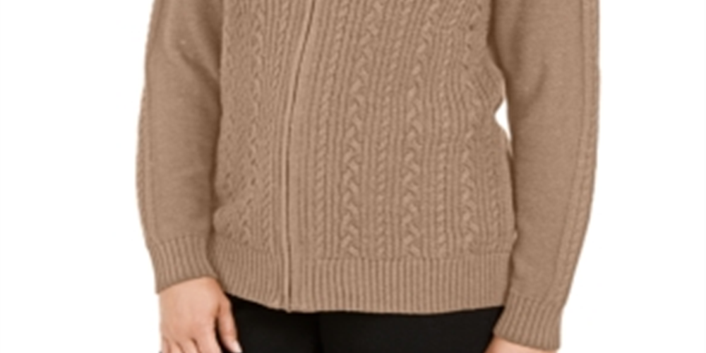Karen Scott Women's Cable Knit Zippered Cardigan Brown  Size M