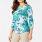 Charter Club Women's Printed Cotton 3/4 Sleeve Top Green Size Large