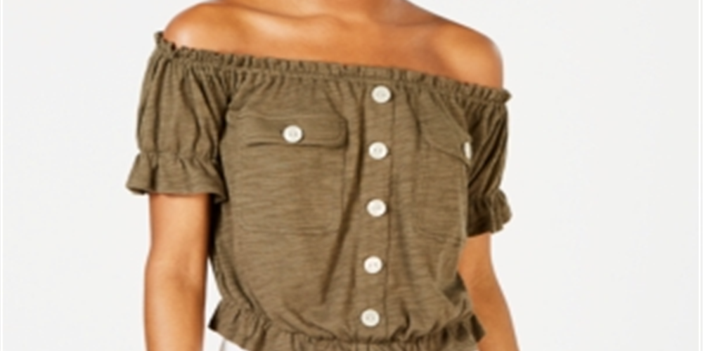 Planet Gold Junior's Off the Shoulder Utility Top Green Size Large