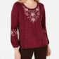 Style & Co Women's Embroidered Panel Peasant Top Red Size Medium