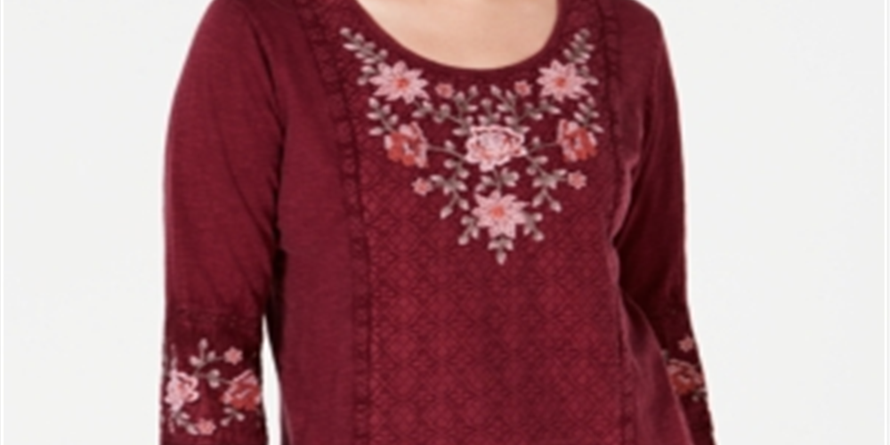 Style & Co Women's Embroidered Panel Peasant Top Red Size Medium