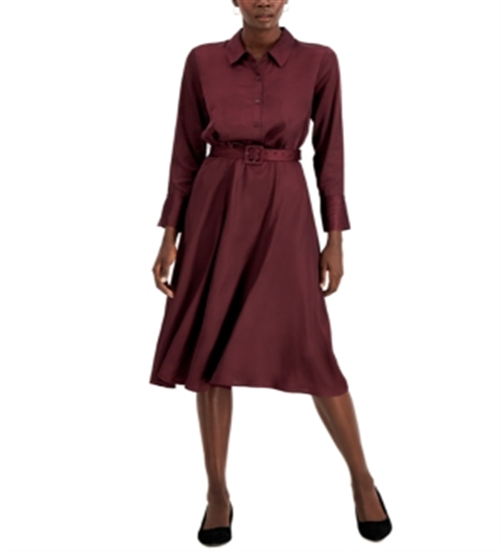 Alfani Women's Belted Collar Shirtdress Wine Size 16