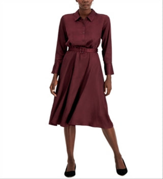 Alfani Women's Belted Collar Shirtdress Wine Size 16