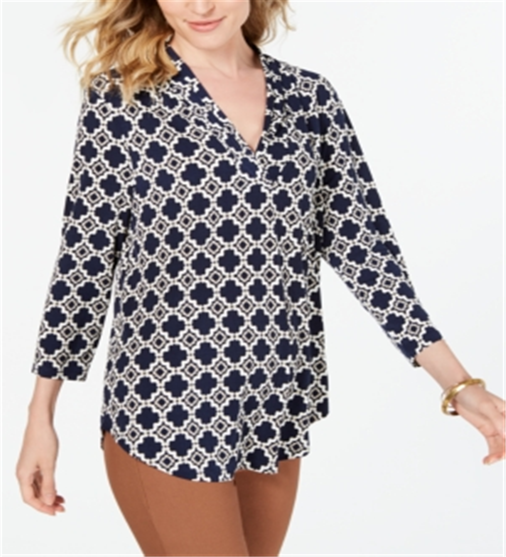 Charter Club Women's Printed Pleat Shoulder Top Blue Size S