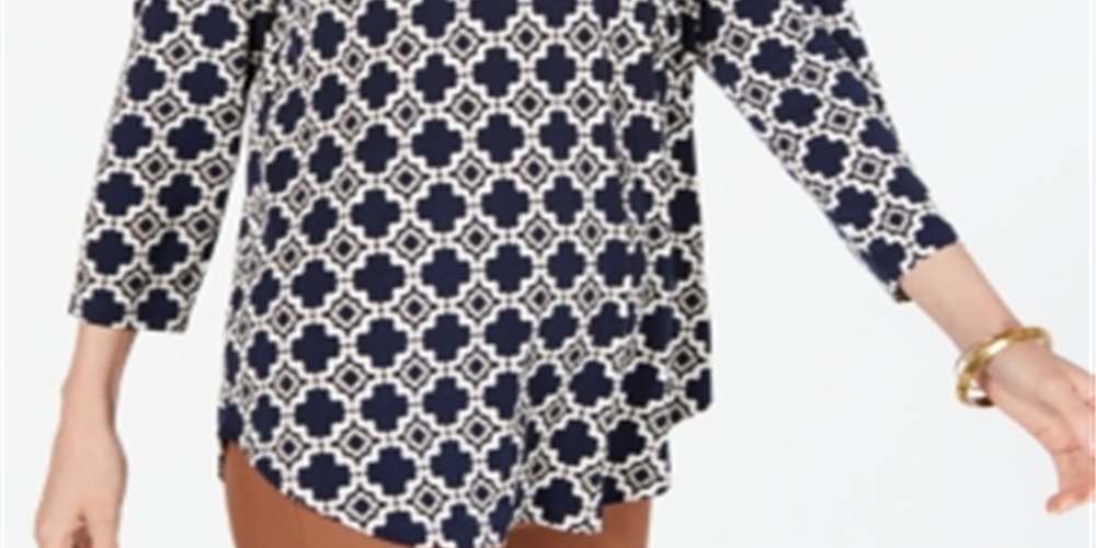 Charter Club Women's Printed Pleat Shoulder Top Blue Size S