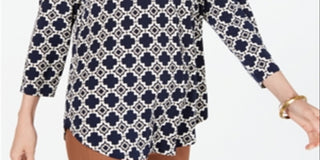 Charter Club Women's Printed Pleat Shoulder Top Blue Size S