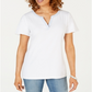 Karen Scott Women's Striped Trim Split Neck Top White Size Large
