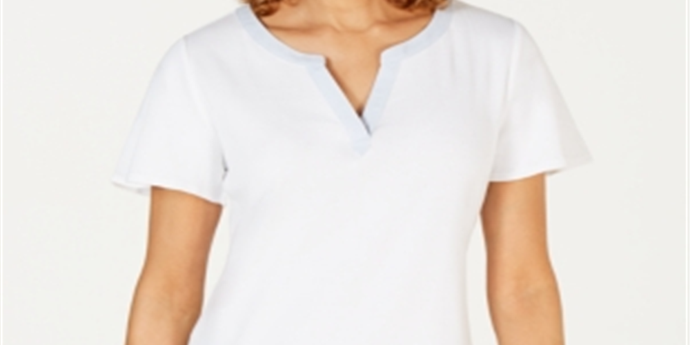 Karen Scott Women's Striped Trim Split Neck Top White Size Large