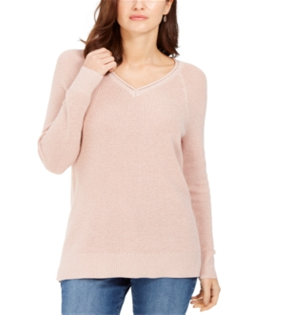 Charter Club Women's Lurex V Neck Sweater Pink Size X-Small