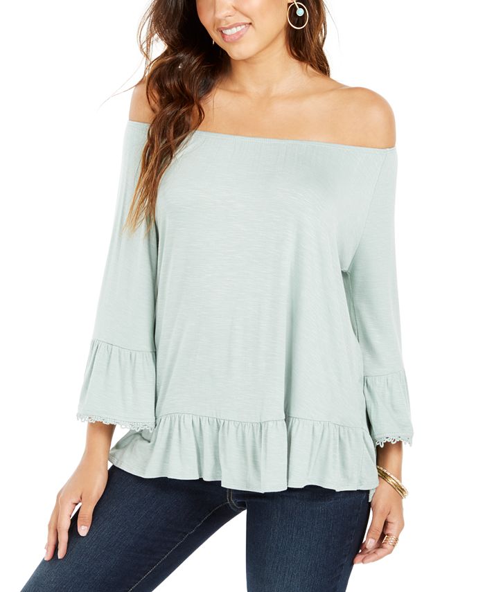 Style & Co Women's Off the Shoulder Bell Sleeve Top Blue Size Small