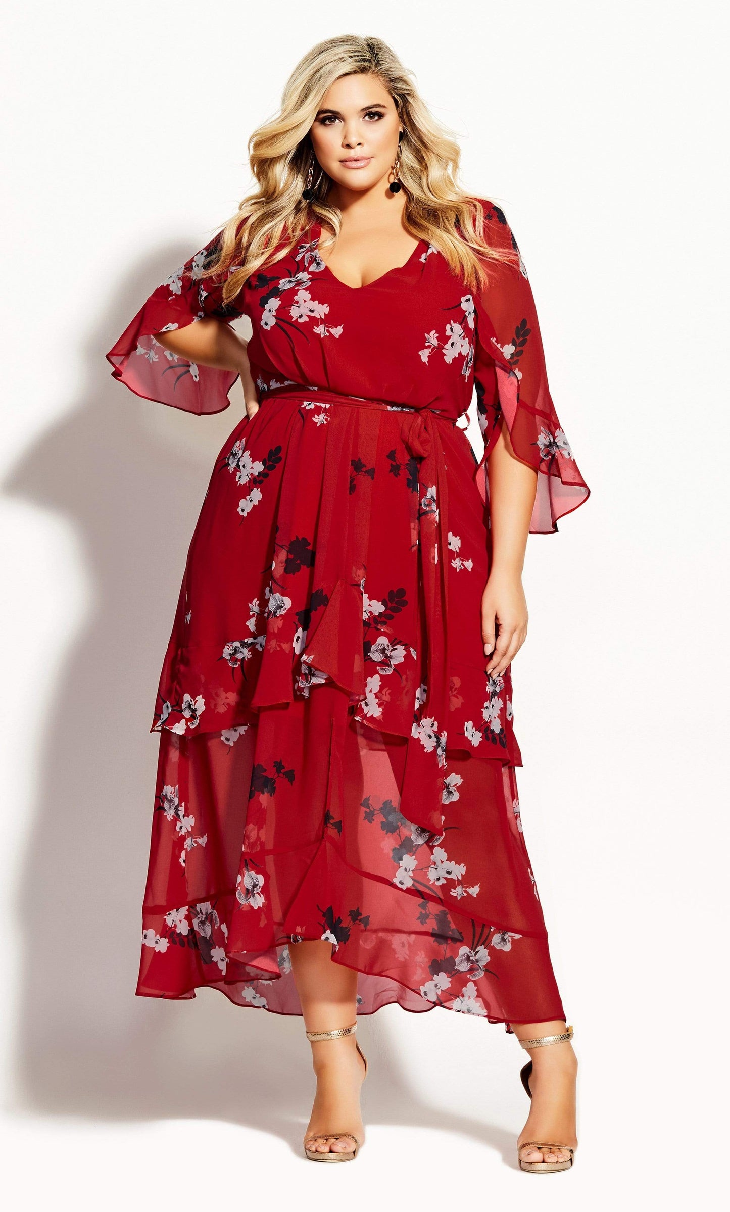 City Chic Women's Floral Print Tiered Maxi Dress Red Size M