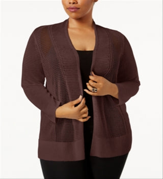 Alfani Women's Plus Mixed Stitch Open Front Cardigan Brown Size 4X