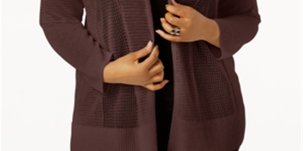 Alfani Women's Plus Mixed Stitch Open Front Cardigan Brown Size 4X