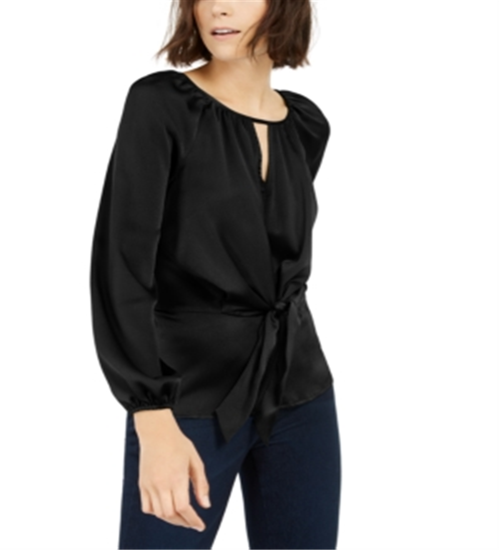 INC International Concepts Women's Pebbled Satin Tie-Front Blouse Black Size 2XL