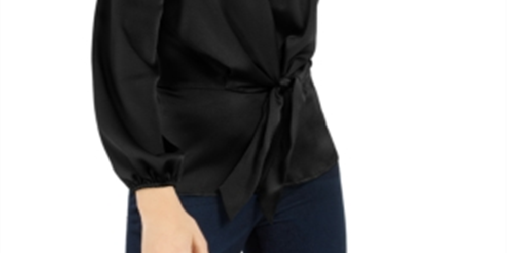 INC International Concepts Women's Pebbled Satin Tie-Front Blouse Black Size 2XL