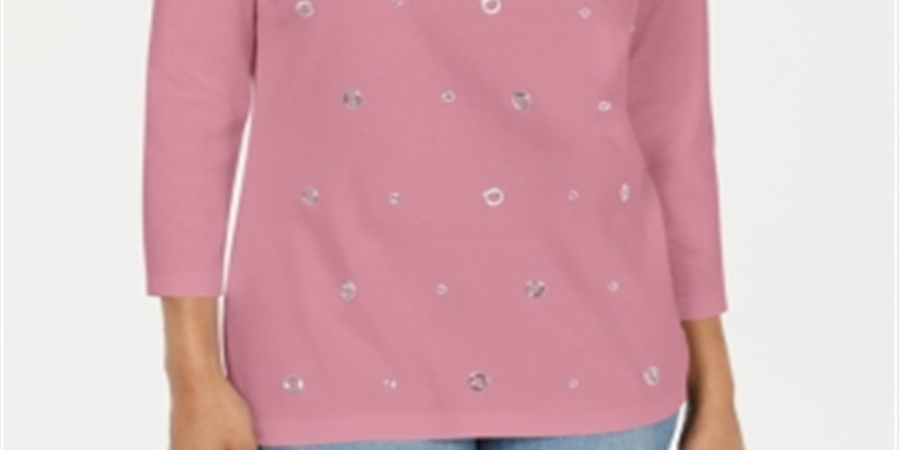 Karen Scott Women's Petite Grommet Cotton 3/4-Sleeve Top Pink Size PXS