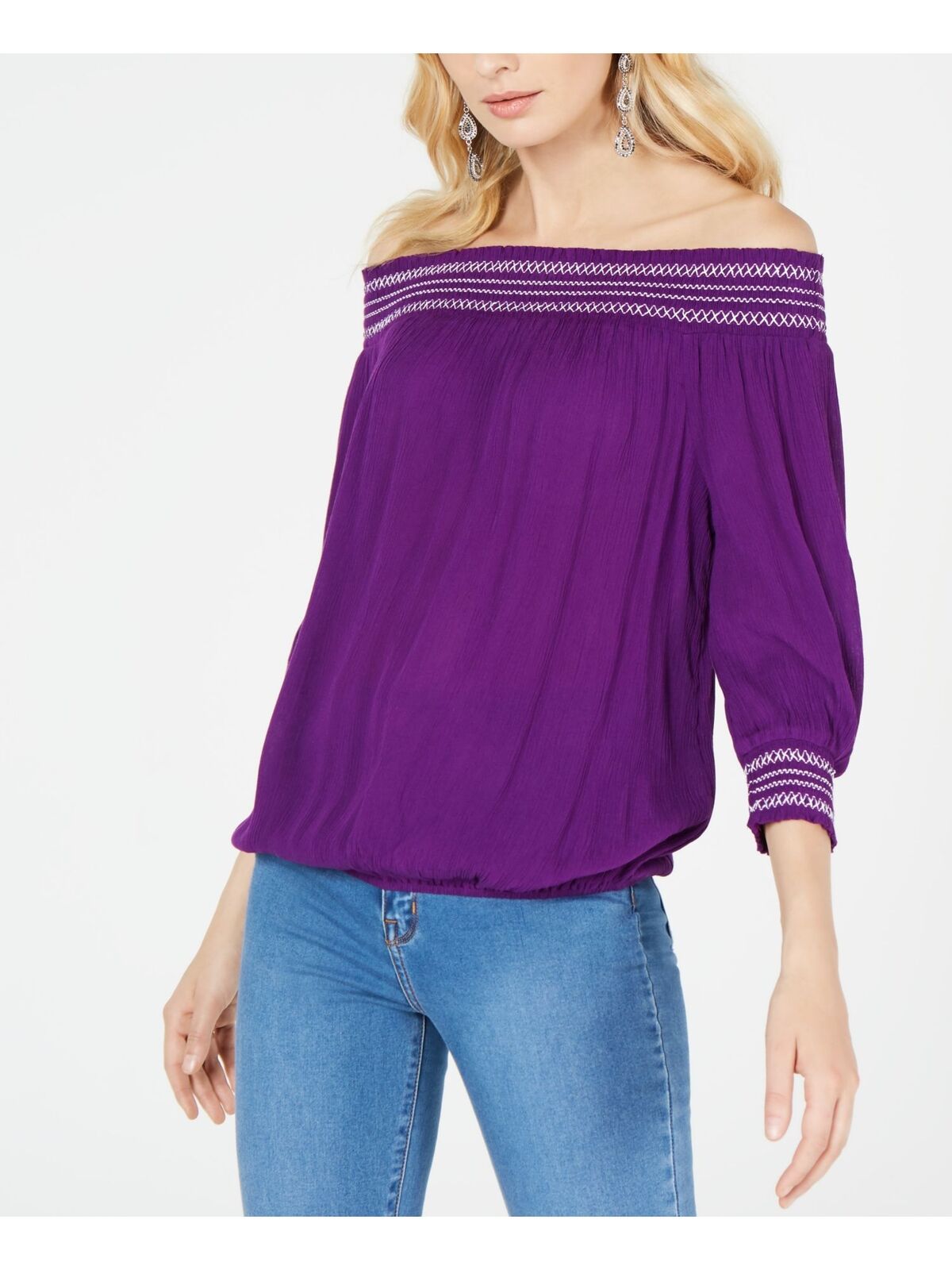 INC Women's Off-the-Shoulder Boho Peasant Top Purple Size S