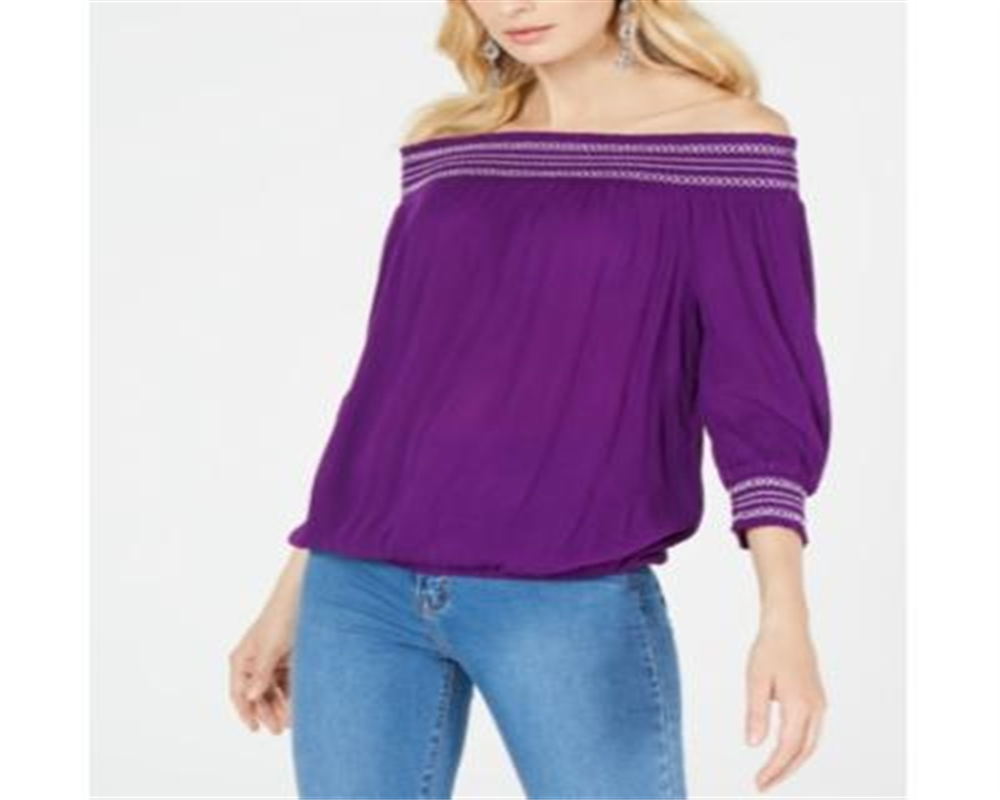 INC Women's Off-the-Shoulder Boho Peasant Top Purple Size S