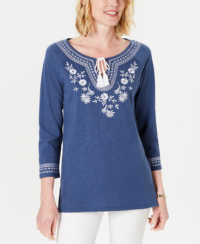 Charter Club Cotton Embroidered Tunic  - Weathered Indigo Blue Size 2XL