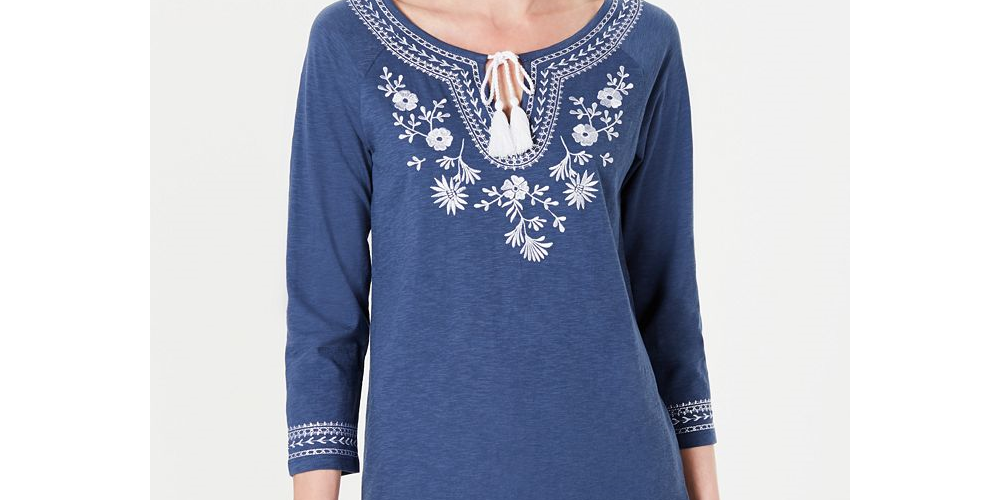 Charter Club Cotton Embroidered Tunic  - Weathered Indigo Blue Size 2XL