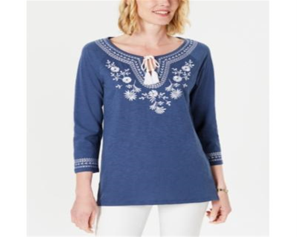 Charter Club Cotton Embroidered Tunic  - Weathered Indigo Blue Size 2XL