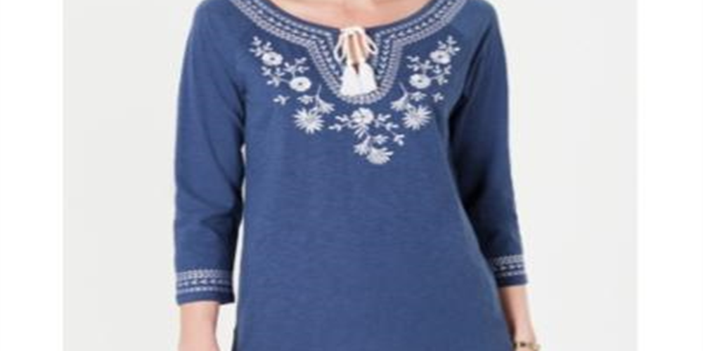 Charter Club Cotton Embroidered Tunic  - Weathered Indigo Blue Size 2XL