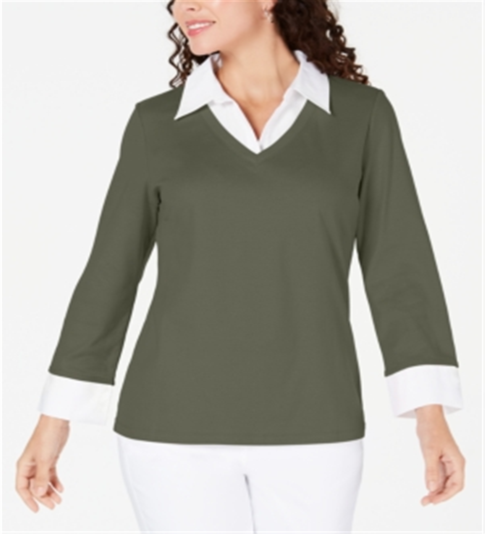 Karen Scott Women's Cotton Layered Look Top Green Size M
