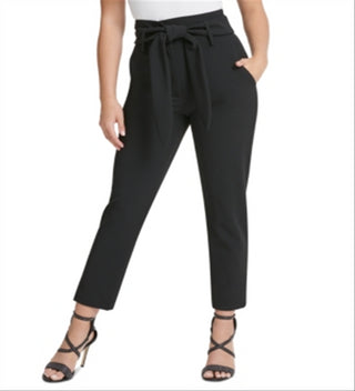 DKNY Women's Belted Zippered Pocketed Pants Black Size 16
