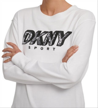 DKNY Women's Sport Printed Logo Fleece Sweatshirt White Size Medium
