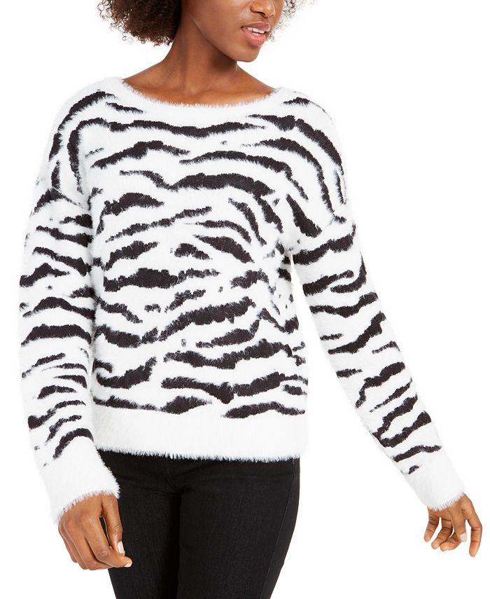 Bar III Women's Zebra Stripe Eyelash Sweater White  Size XXL