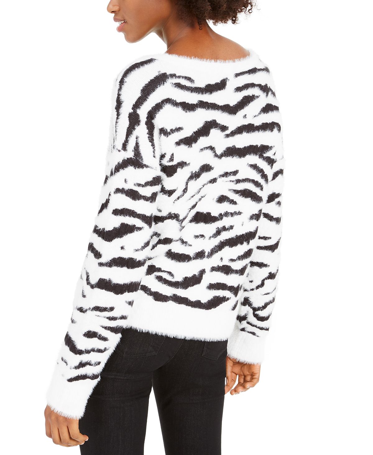 Bar III Women's Zebra Stripe Eyelash Sweater White  Size XXL