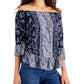Style & Co Women's Printed Off the Shoulder Top Blue- Size Petite M