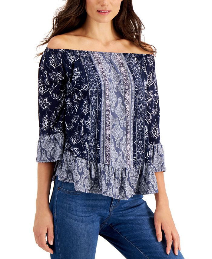 Style & Co Women's Printed Off the Shoulder Top Blue- Size Petite M