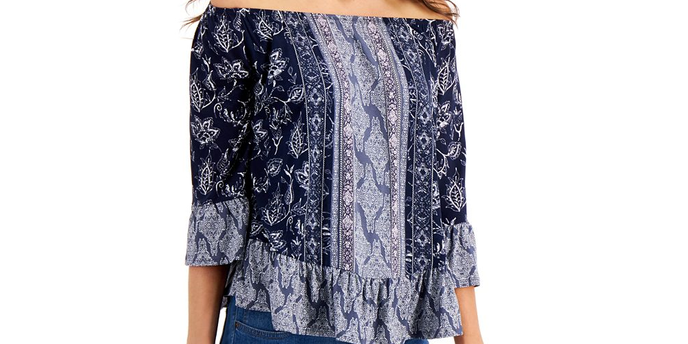 Style & Co Women's Printed Off the Shoulder Top Blue- Size Petite M