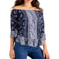 Style & Co Women's Printed Off the Shoulder Top Blue- Size Petite M