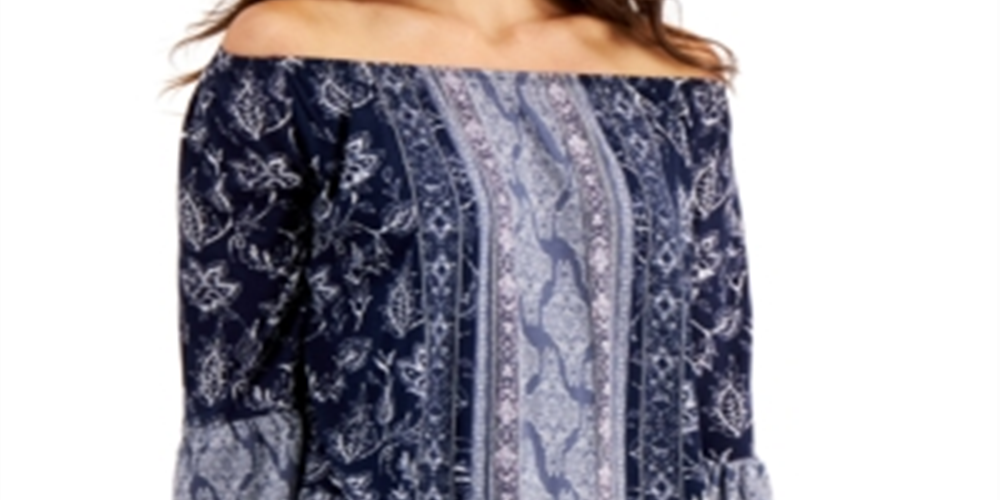 Style & Co Women's Printed Off the Shoulder Top Blue- Size Petite M