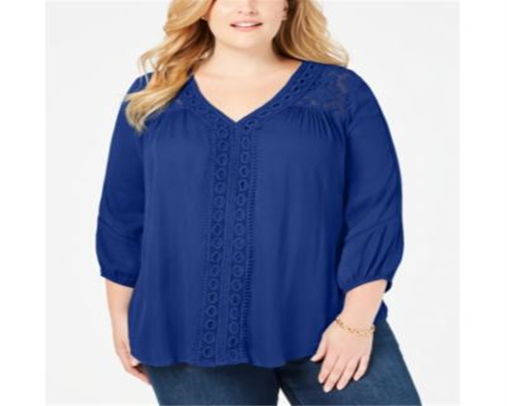 John Paul Richard Women's Richard Plus Crochet Trim Top Blue Size 1X