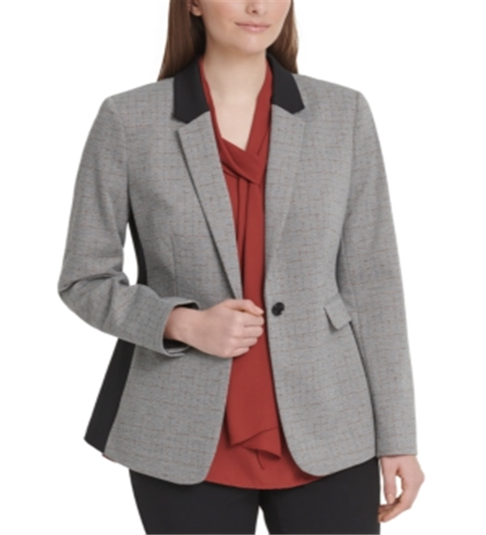 DKNY Women's Contrast Trim Single Button Blazer Gray Size 10P