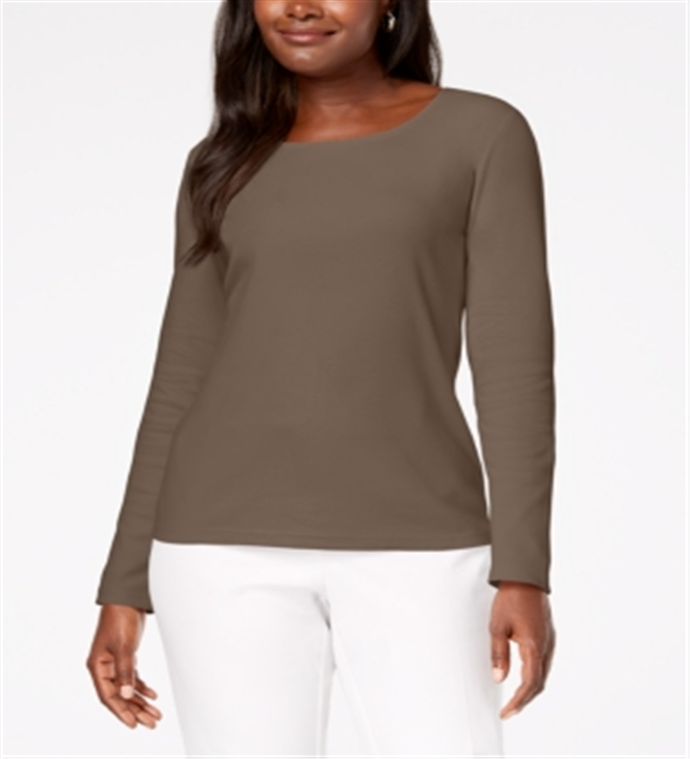 Karen Scott Women's Cotton Scoop Neck Top Brown Size Petite Small