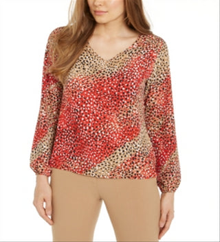Bar III Women's Printed V-Neck Blouse Red Size S