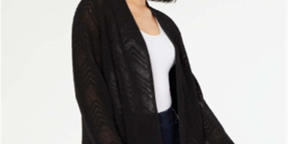 I.n.c. Women's Petite Zigzag Chevron Cozy Cardigan - Deep Black Size Petite Small