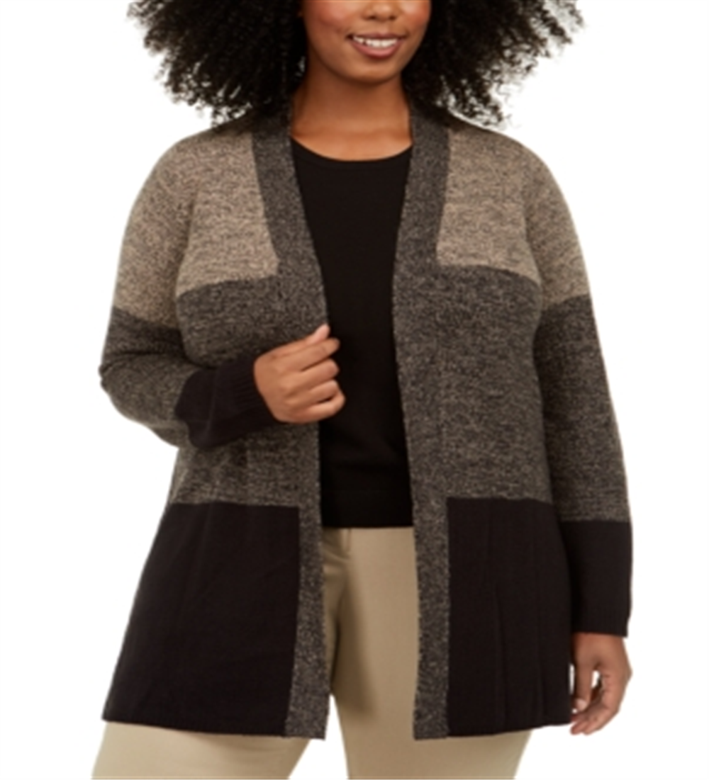 Karen Scott Women's Plus Colorblocked Open Front Cardigan Brown Size 0X