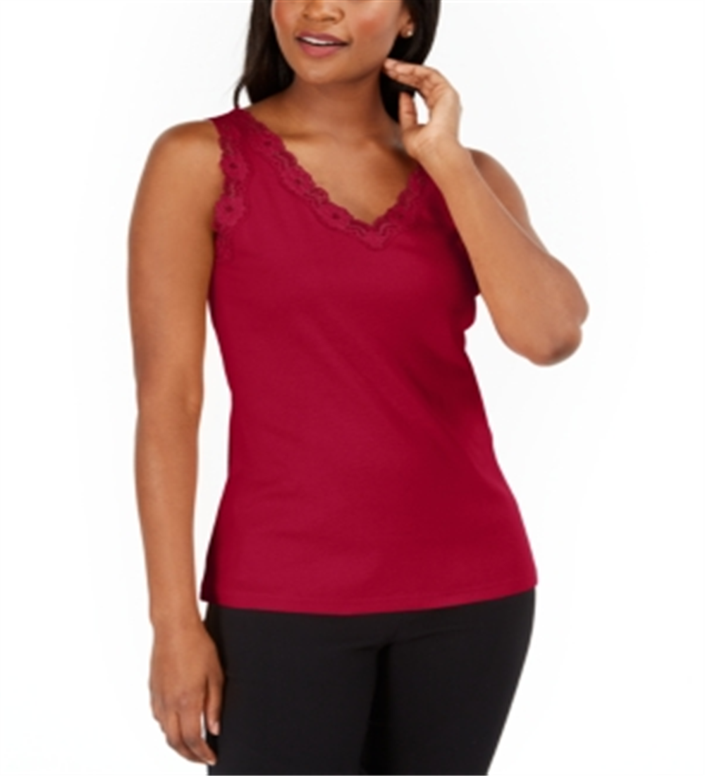 Karen Scott Cotton Scalloped-Lace Tank Top Red Size M