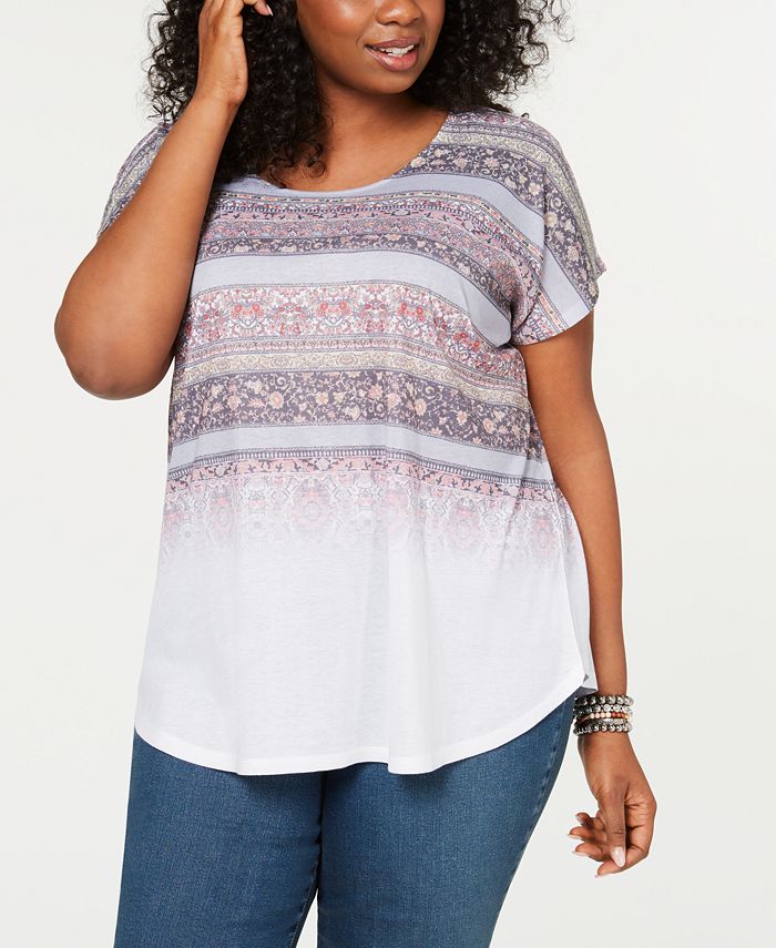 Style & Co. Women's Plus Printed Ombre Pullover Top White Size 0X