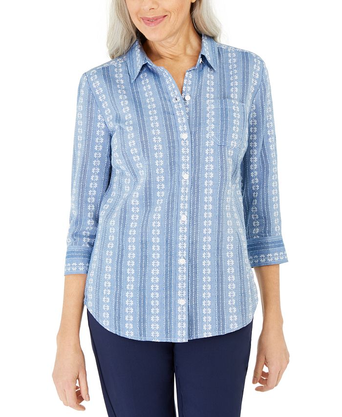 Karen Scott Women's Cotton Printed Shirt Blue Size Small