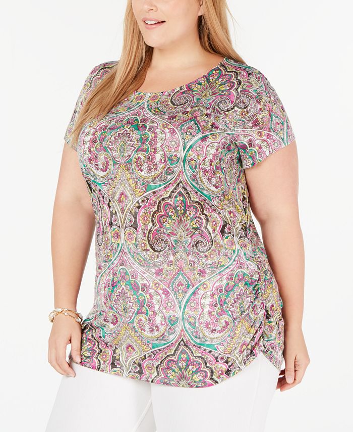 INC International Concepts Women's Printed Ruched Side Opulent Paisley Pink Size 1X