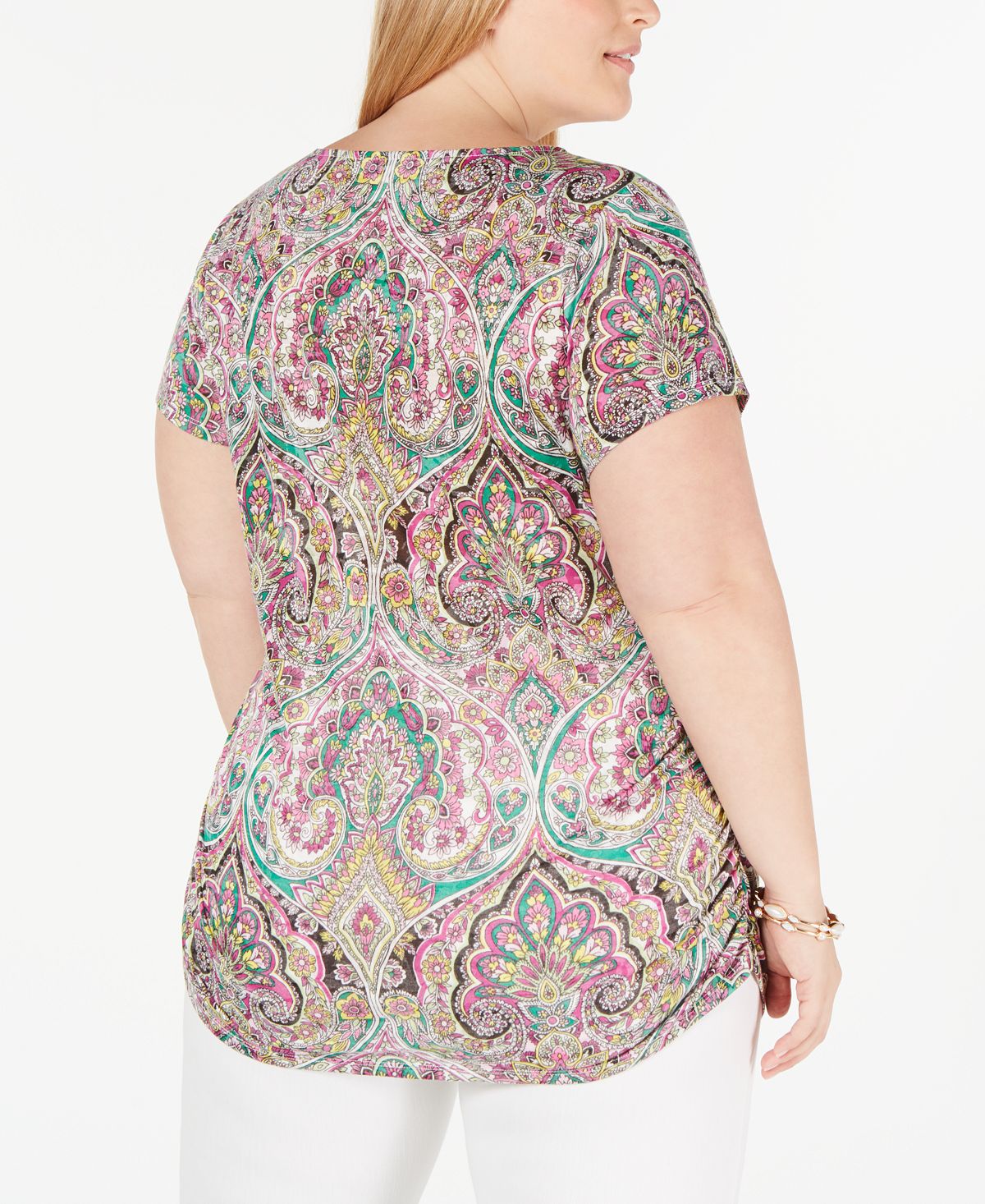 INC International Concepts Women's Printed Ruched Side Opulent Paisley Pink Size 1X