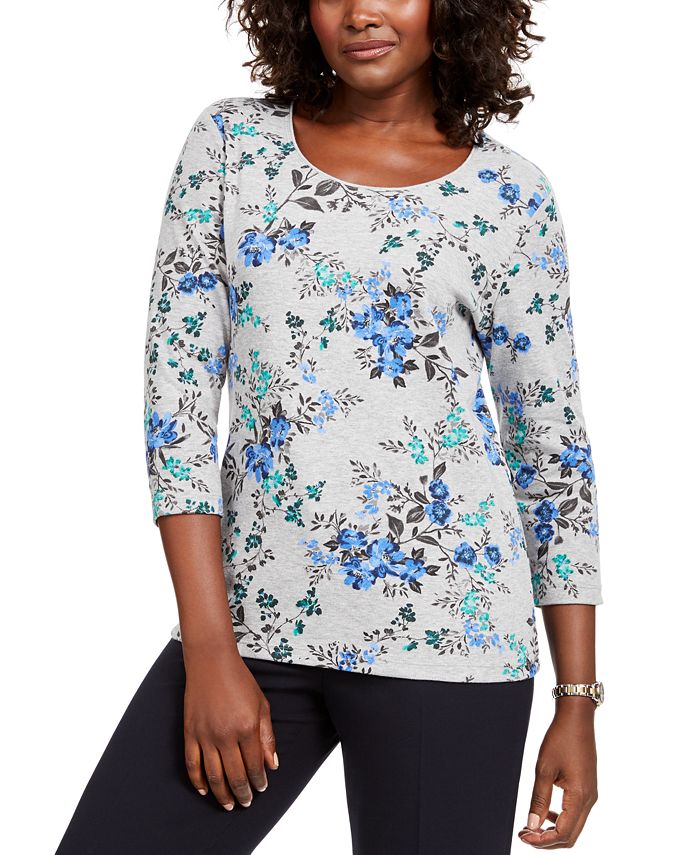 Karen Scott Women's Floral Print 3/4 Sleeve Top Gray Size X-Small